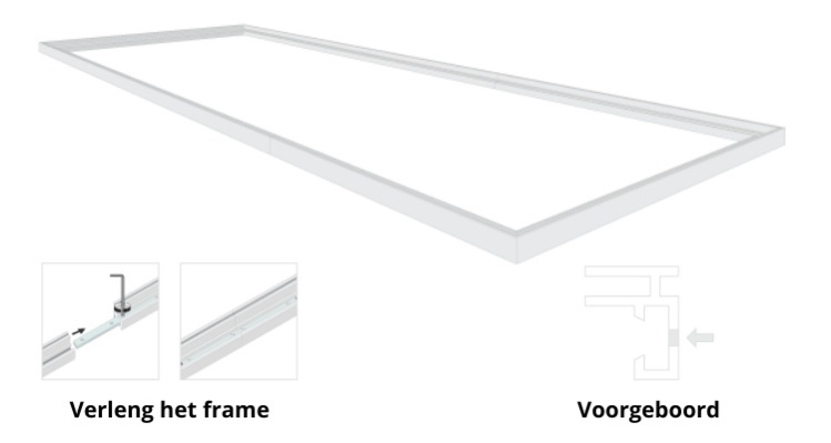 Eindeloze formaten verlichte textielframes en voorgeboord